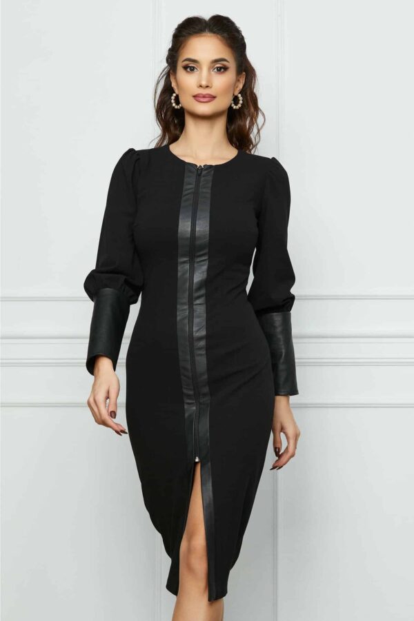 Rochie Moze neagra cu insertii din piele ecologica si fermoar