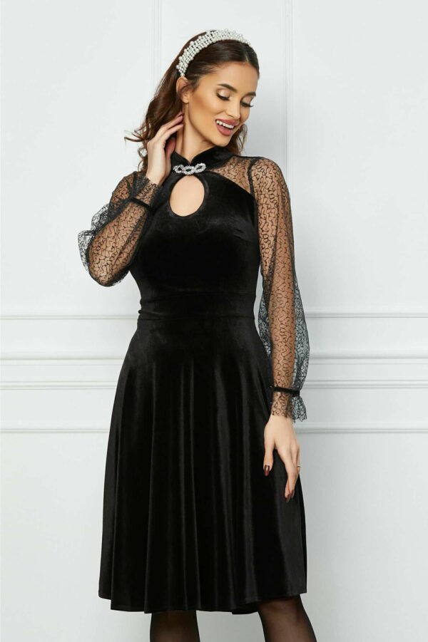 Rochie MBG neagra din paiete cu maneci din catifea