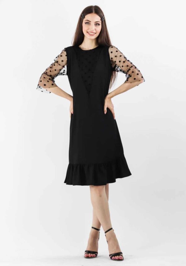 Rochie eleganta neagra cu croi in A si maneci din tull cu buline