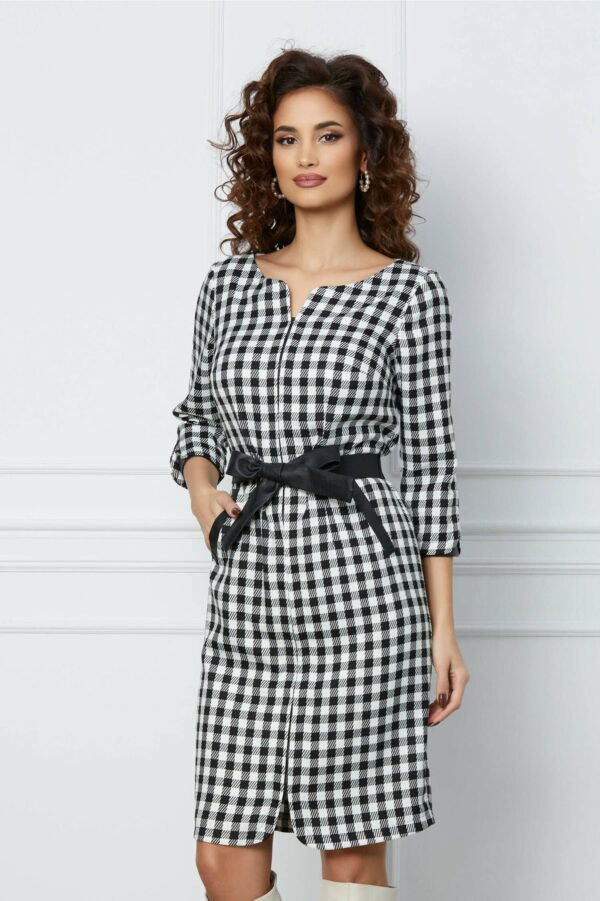 Rochie Marisa neagra cu imprimeuri gri si curea in talie