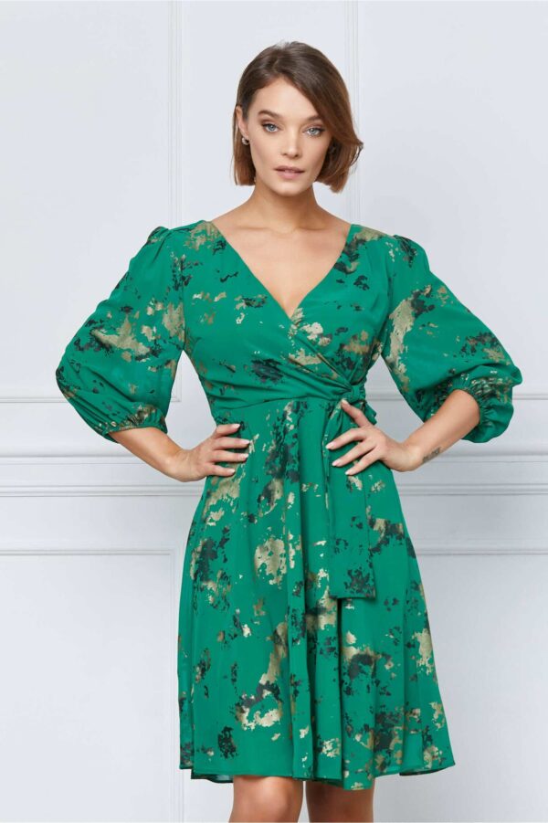 Rochie Dariana fucsia cu imprimeu floral auriu si curea in talie