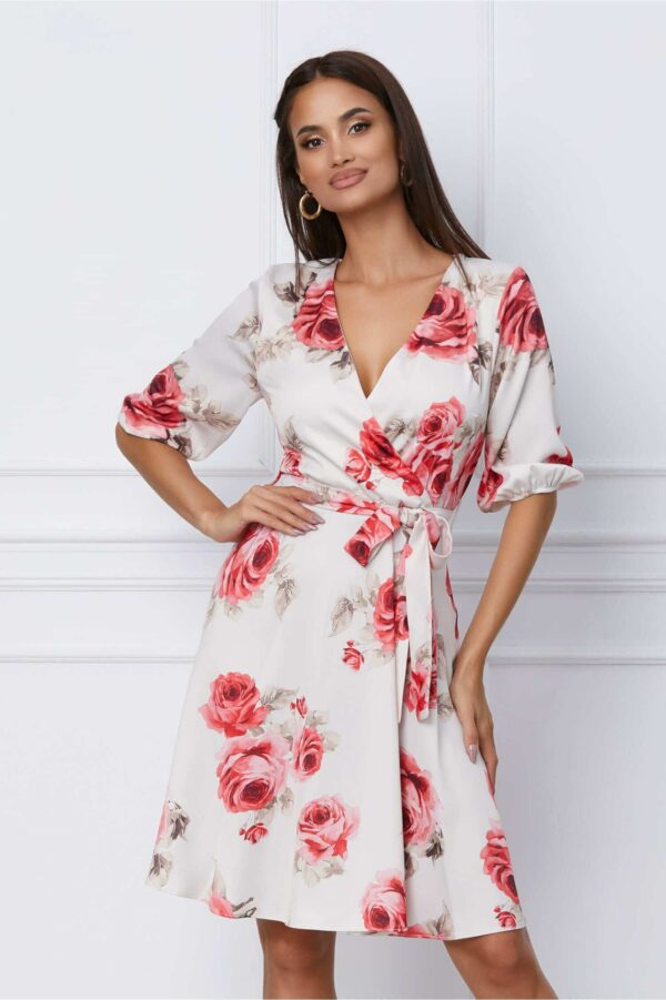 Rochie Denisse turcoaz cu imprimeu piersica