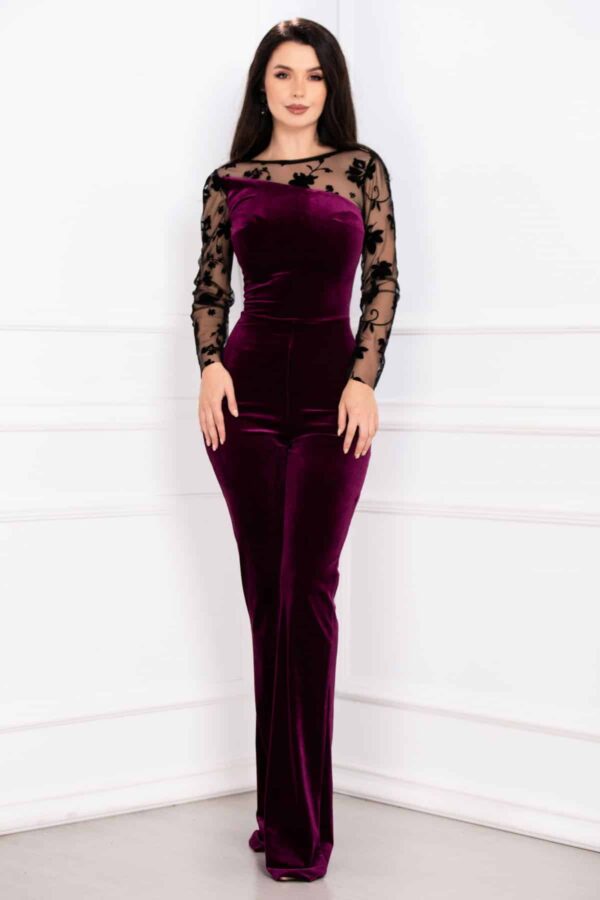 Salopeta eleganta din catifea mov Bernice cu maneci din tulle