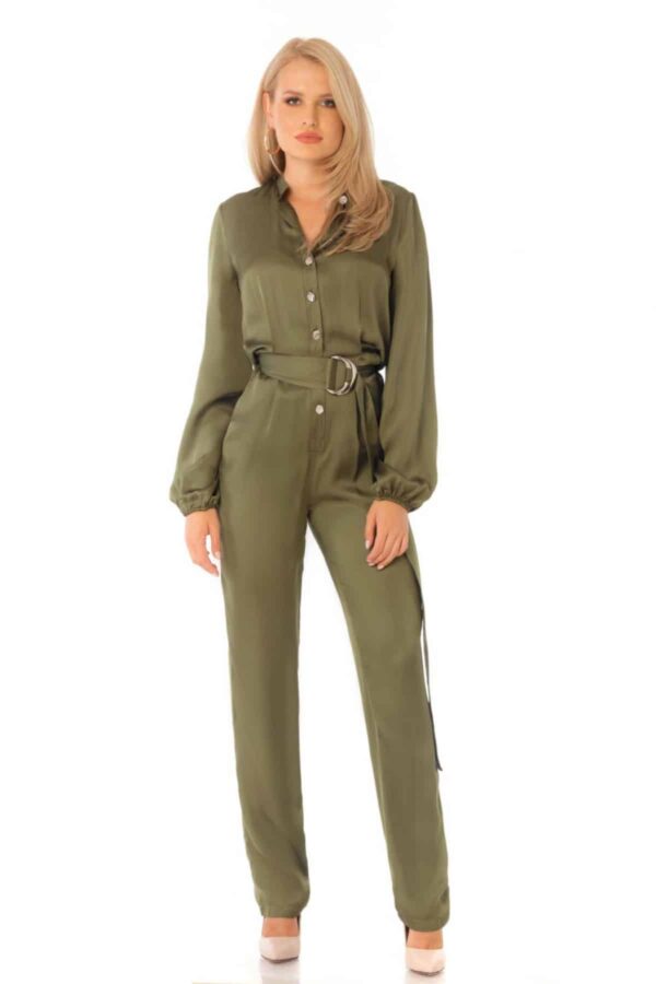 Salopeta Pretty Girl kaki din vascoza cu nasturi aurii