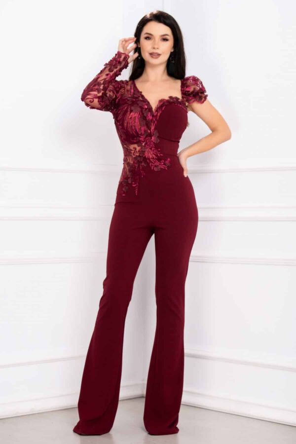 Salopeta Mara bordo eleganta cu flori 3D