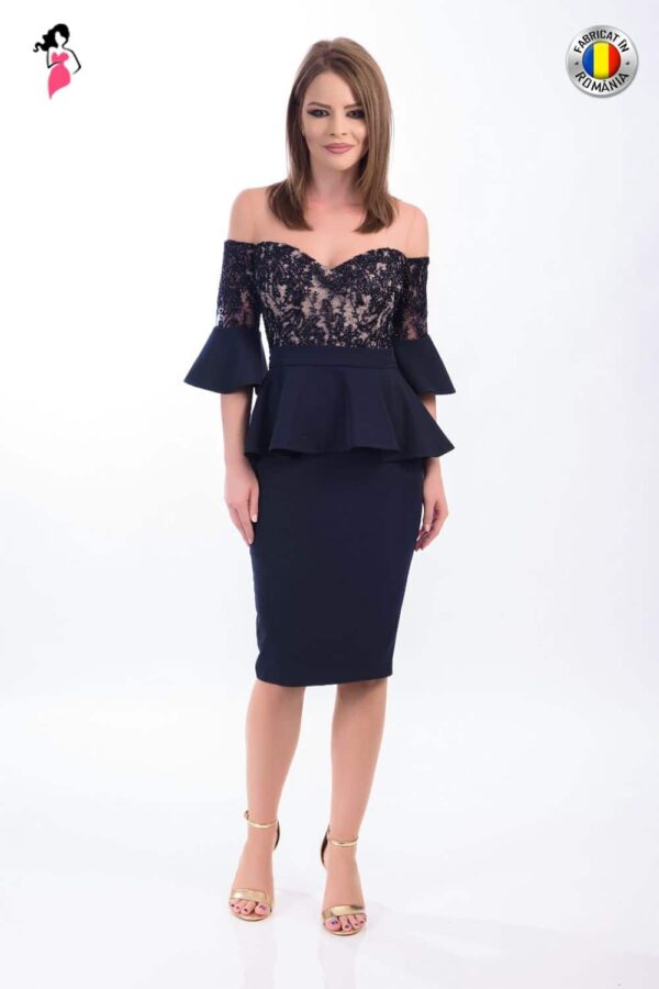 Rochie MBG Collection de ocazie conica cu maneci clopot si peplum la talie