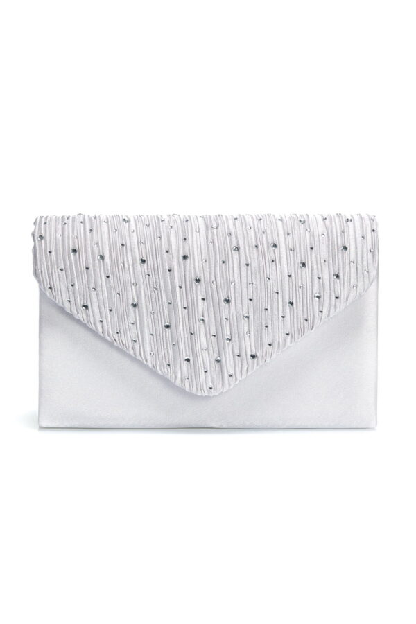 Clutch Amelia argintiu satinat cu strasuri