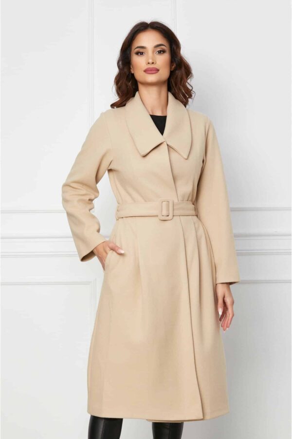 Palton Amna bej cu pliuri si cordon in talie