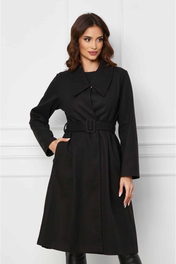 Palton Amna negru cu pliuri si cordon in talie