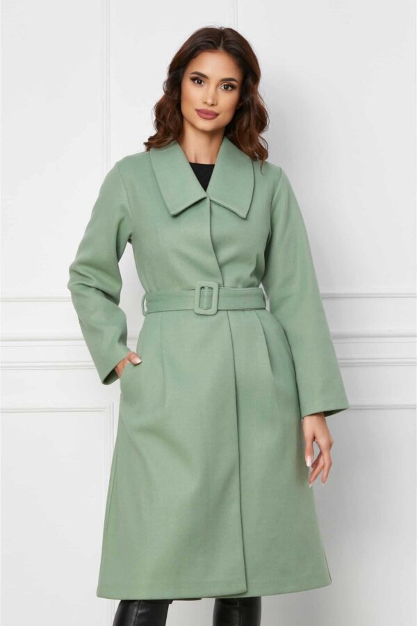 Palton Amna verde mint cu pliuri si cordon in talie