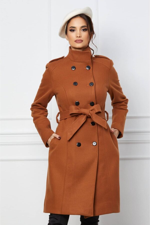 Palton Anca maro cu doua randuri de nasturi si cordon in talie