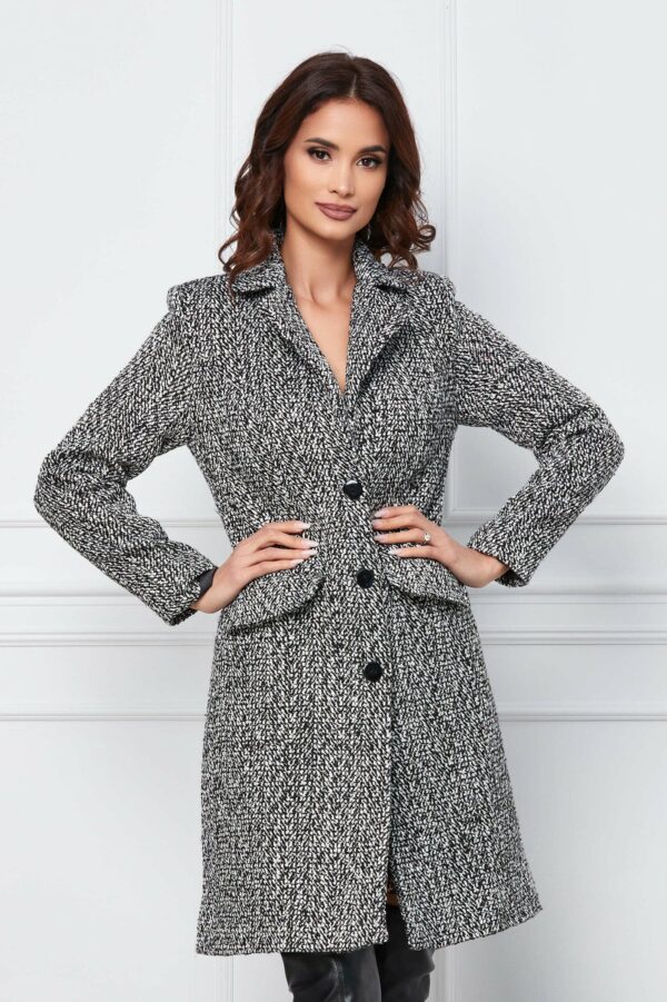 Palton Dalia alb-negru cu buzunare si guler ascutit