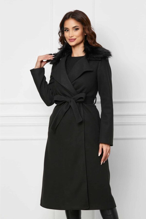 Palton Daria negru cu blanita si cordon in talie