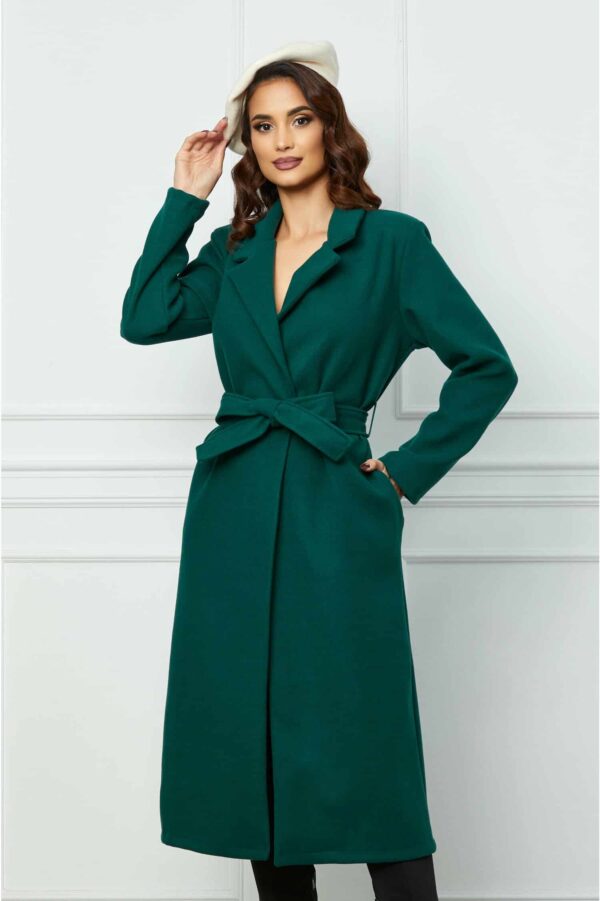 Palton Darina verde cu cordon in talie