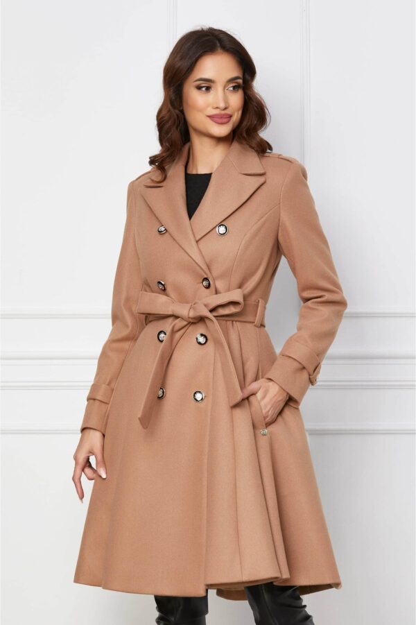 Palton Dy Fashion bej accesorizat cu nasturi si cordon in talie