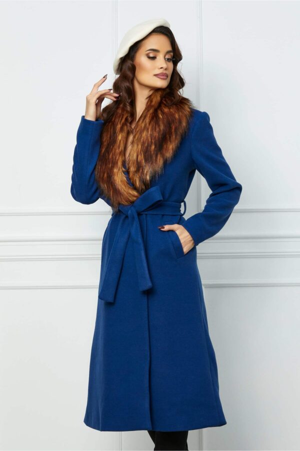 Palton Dy Fashion lung albastru cu blanita si cordon in talie