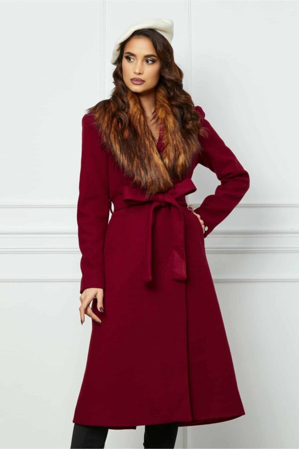 Palton Dy Fashion lung bordo cu blanita si cordon in talie