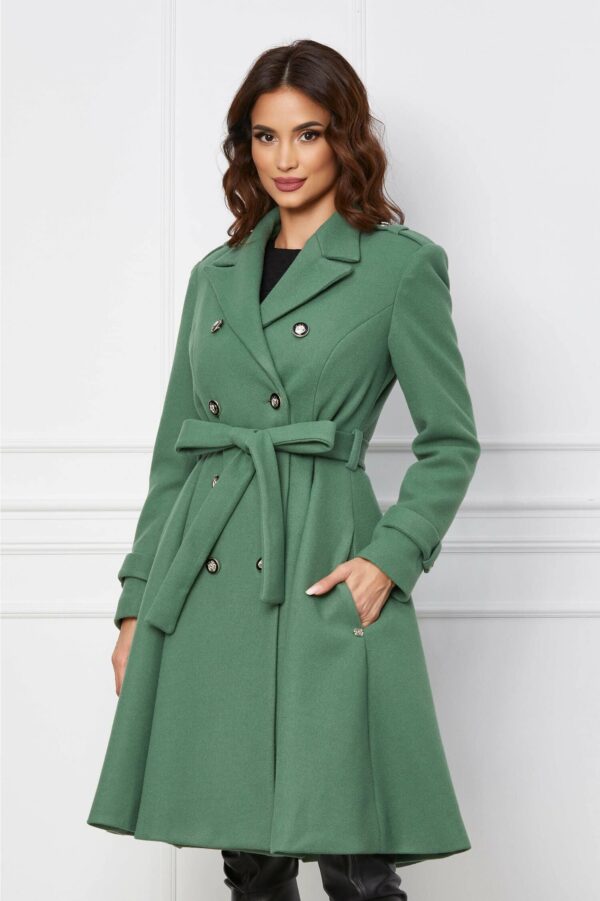 Palton Dy Fashion verde fistic accesorizat cu nasturi si cordon in talie