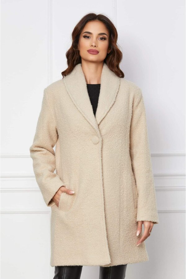 Palton ivory din blanita artificiala cu rever si buzunare