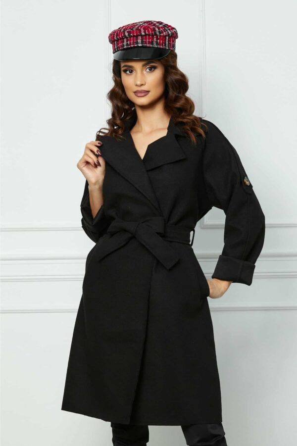 Palton Marisa negru cu nasturi si cordon
