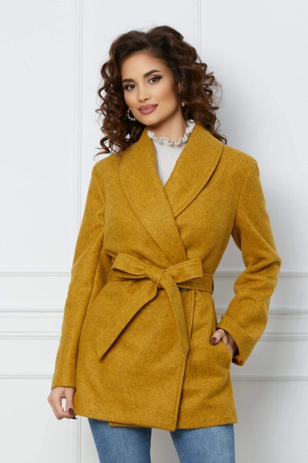 Palton Melisa scurt galben cu cordon in talie
