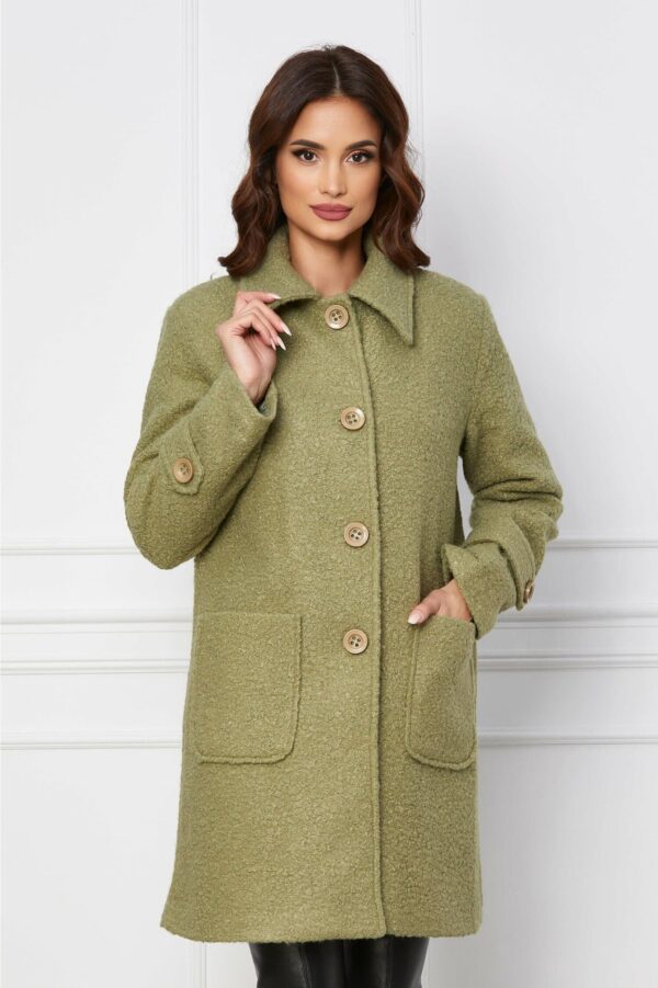 Palton Teddy kaki cu nasturi si guler ascutit