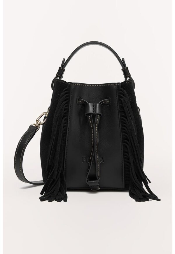 Geanta bucket mica din piele intoarsa cu franjuri Miastella
