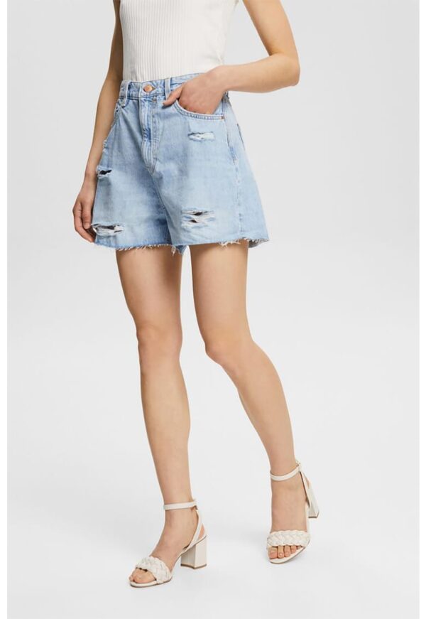 Blugi scurti cu talie inalta si detalii cu aspect deteriorat