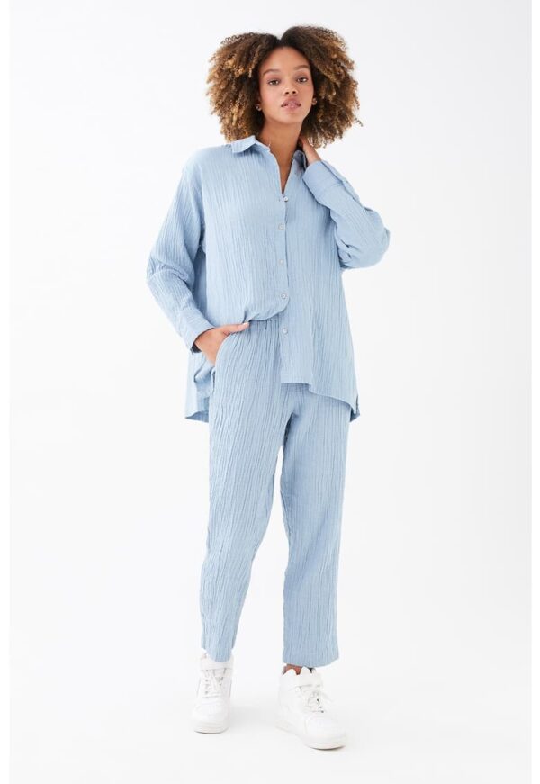 Pantaloni crop uni din amestec de bumbac