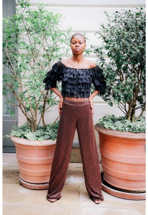 Pantaloni cu talie inalta si insertii de lurex