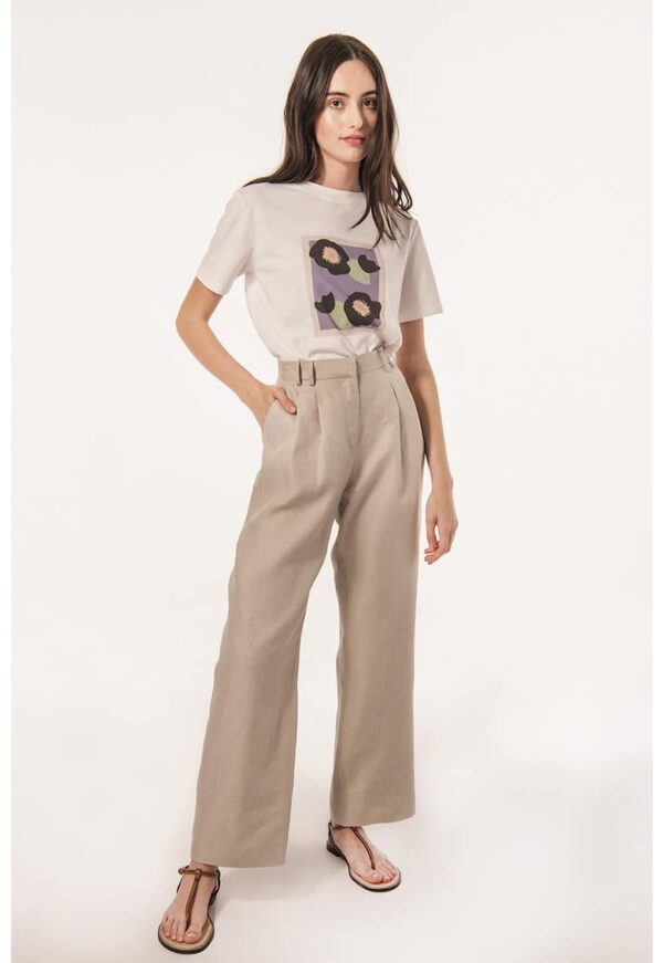 Pantaloni din in cu talie inalta