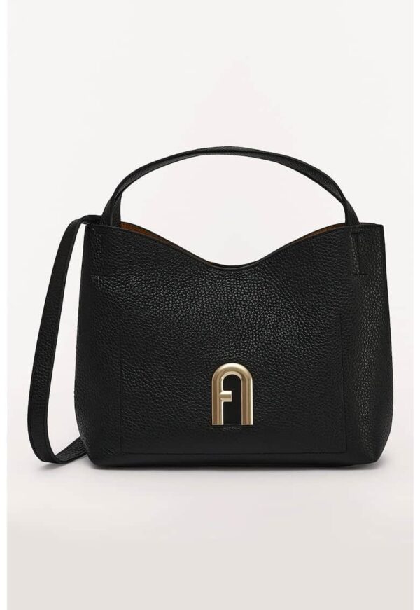 Geanta din piele cu bareta de umar si aplicatie logo metalica Primula