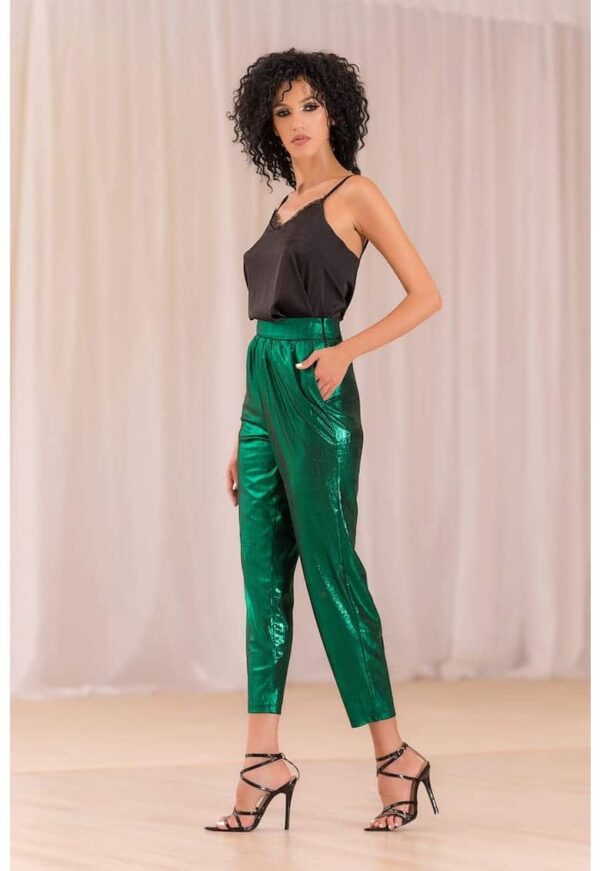 Pantaloni crop cu talie inalta din lamé Maya