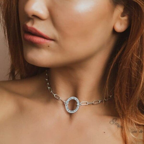 Colier personalizat – Lant cu zale dreptunghiulare – Pandantiv disc cu mesaj gravat – Argint 925