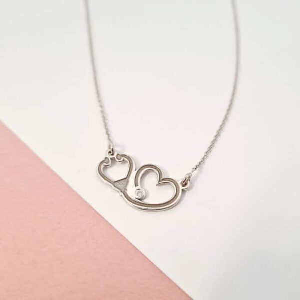 Lantisor cu Diamant Natural – Pandantiv stetoscop – Argint 925 Rodiat