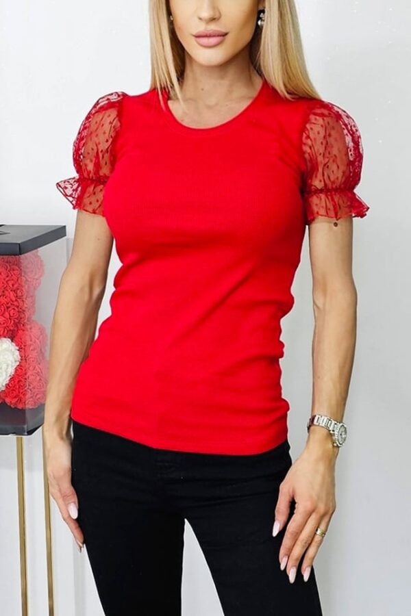 Bluza eleganta Deea, cu maneci scurte, bufante si textura transparenta, Rosu, Marime universala S/M