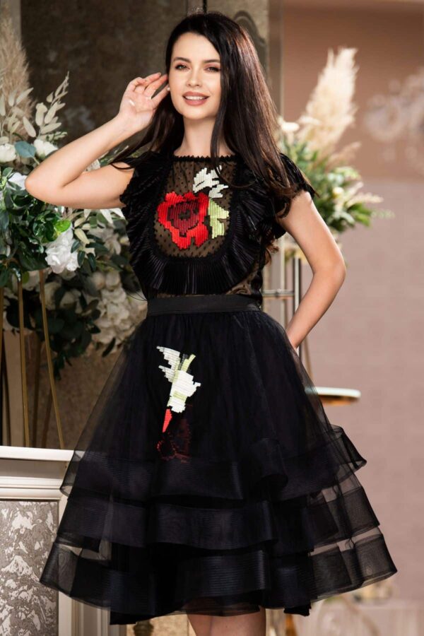 Bluza eleganta Effect din tulle cu buline si broderie florala