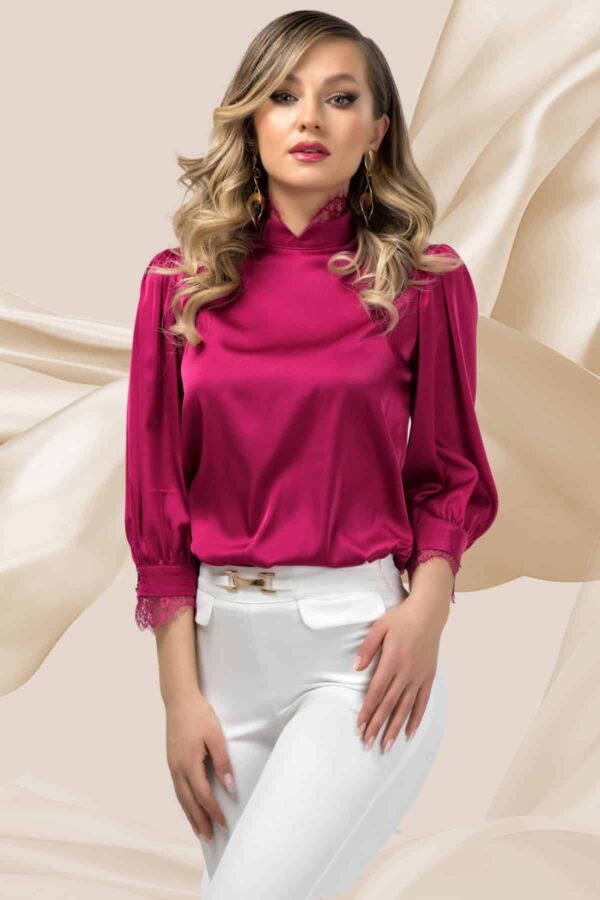 Bluza eleganta Pretty Girl magenta cu dantela la gat si mansete