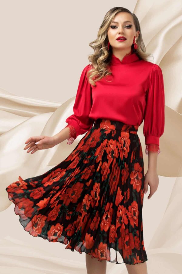 Bluza eleganta rosie Pretty Girl cu dantela la gat si mansete