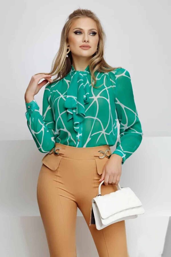 Bluza Fofy dama din voal verde cu funda si imprimeu geometric