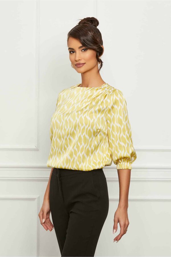Bluza LaDonna galbena din satin cu imprimeuri albe