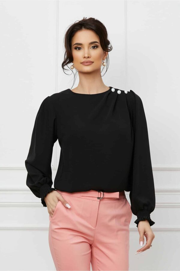 Bluza LaDonna neagra cu nasturi perlati si pliuri pe un umar