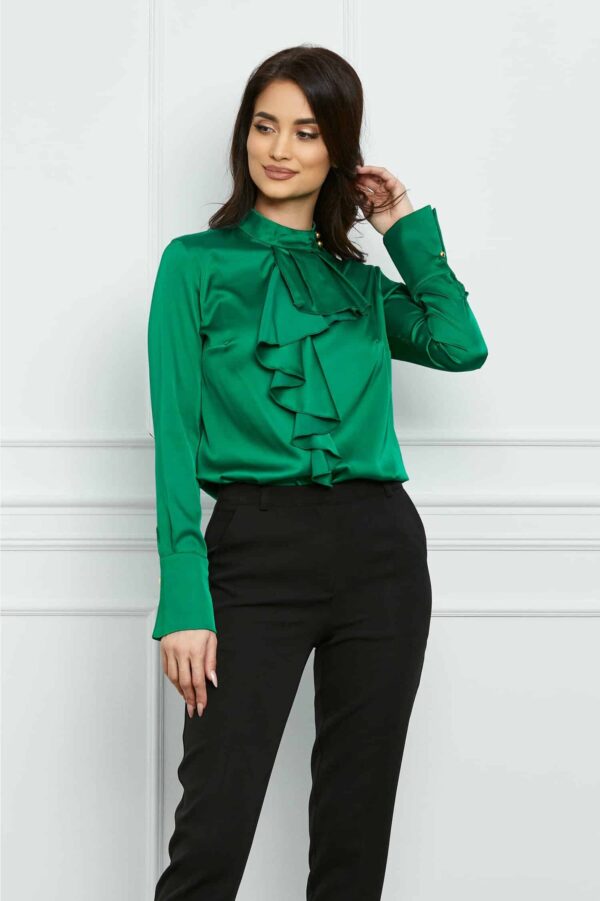 Bluza MBG verde satinata cu volan la bust