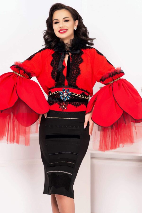 Bluza rosie etno Venezia pretioasa cu maneci extravagante tip lalea