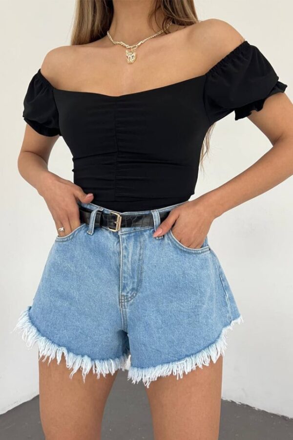 Bluza striata Belynda, cu maneca scurta bufanta si fronseu, Negru