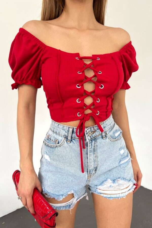 Bluza striata Lupita, cu maneca scurta bufanta si volane, Rosu