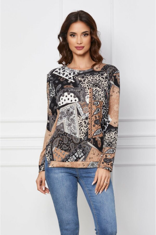 Bluza Valeria bej cu imprimeuri bleumarin si buzunar