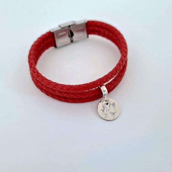 Bratara 3 straturi de piele rosie impletita – charm banut Armonie mama-fiica – Argint 925 – Inchizatoare clips din otel inoxidabil