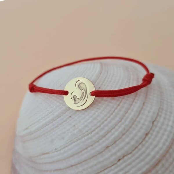 Bratara banut de 10 mm – Maica Domnului si Pruncul Sfant – Aur Galben 14K – snur reglabil