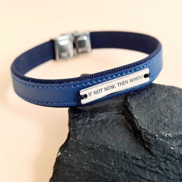 Bratara barbateasca cu piele eleganta albastra – Placuta cu text personalizat – Argint 925 – Inchizatoare clips inox